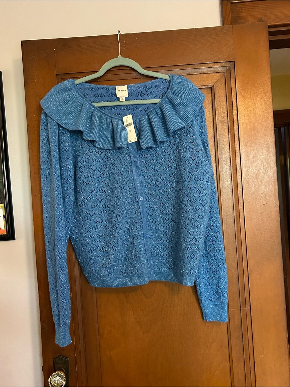 Maeve by Anthropologie XL blue sparkly crochet cardigan